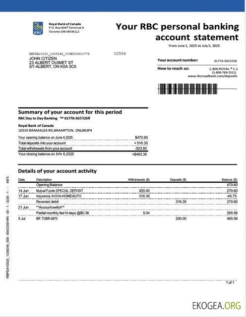 Modèle Word et PDF de relevé de compte de la Banque Royale du Canada du Canada